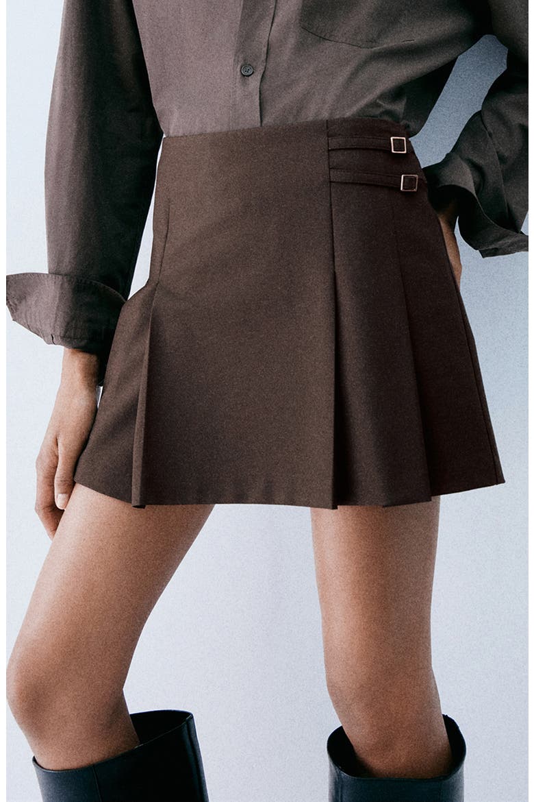 Buckle Detail Pleated Miniskirt, Main, color, BROWN
