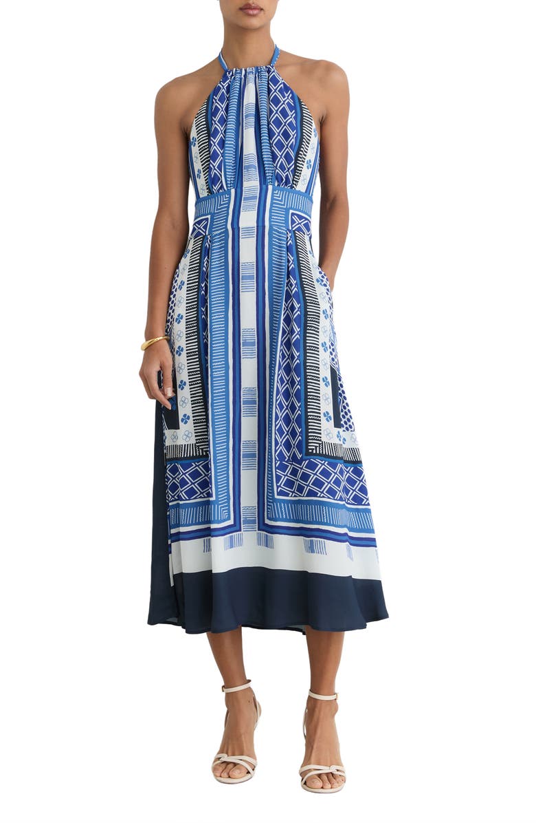 Reiss Joselyn Scarf Print Halter Neck Midi Dress, Main, color, Blue