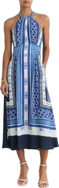 Reiss Joselyn Scarf Print Halter Neck Midi Dress