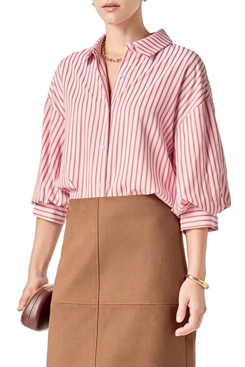 Stripe Balloon Sleeve Button-Up Shirt, Alternate, color, PINK/ TAN