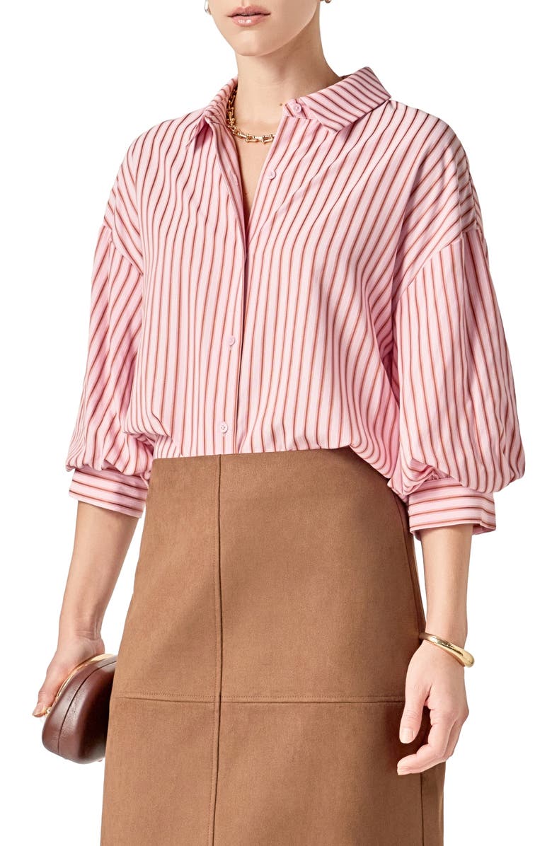English Factory Stripe Balloon Sleeve Button-Up Shirt, Alternate, color, Pink/ Tan