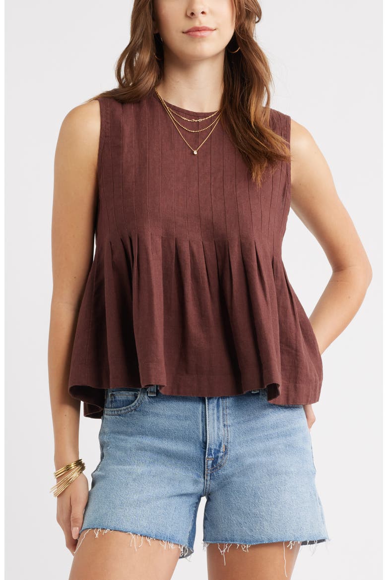 Sleeveless Pleated Linen Blend Top, Main, color, BROWN MALICACIA