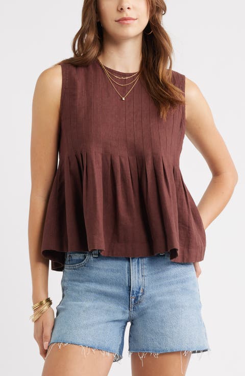Sleeveless Pleated Linen Blend Top