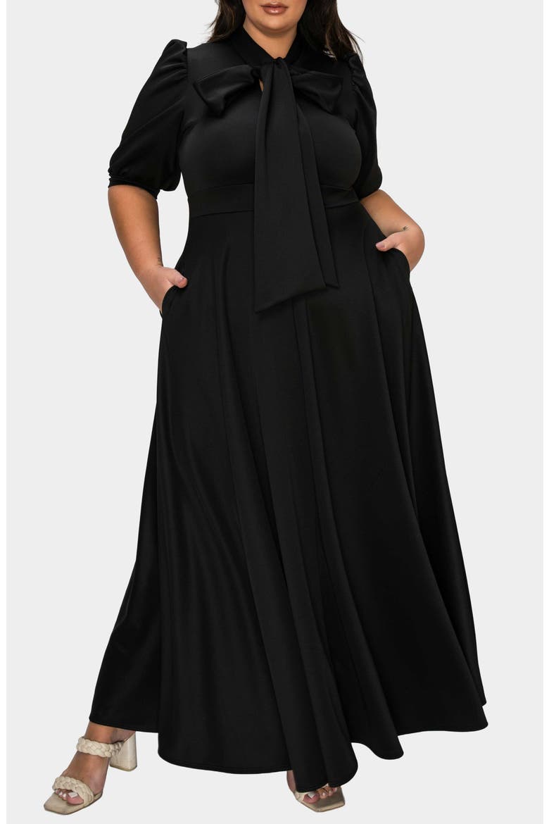 Farrah Donna Tie Neck Maxi Dress, Main, color, BLACK