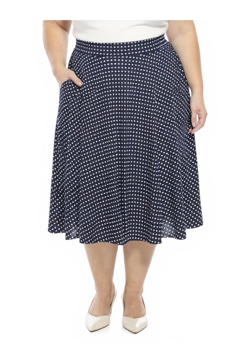 Plus Size Polka Dot Elastic Waist Pocket A-Line Midi Skirt, Main, color, Navy Multi