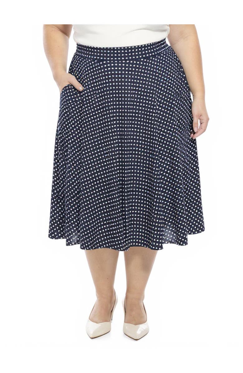 24seven Comfort Apparel Plus Size Polka Dot Elastic Waist Pocket A-Line Midi Skirt, Main, color, Navy Multi
