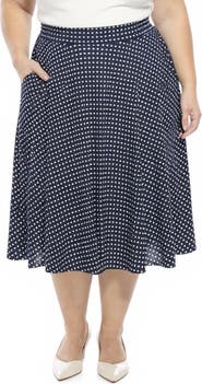 24seven Comfort Apparel Plus Size Polka Dot Elastic Waist Pocket A-Line Midi Skirt