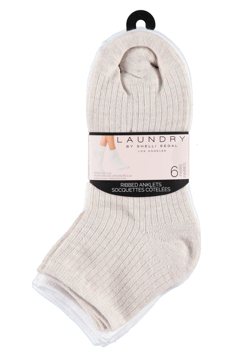 Laundry by Shelli Segal 6-Pack Embroidered Rib Anklet Socks, Alternate, color, White/ Oatmeal Heather