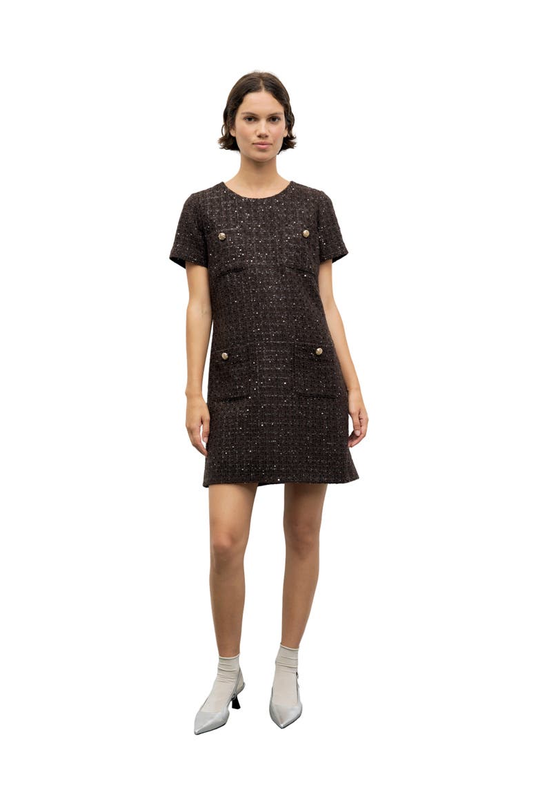 Coni Short Sleeve Shift Mini Dress, Alternate, color, Brown