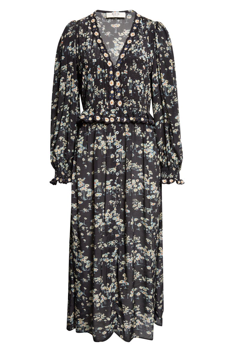 Mona Print V-Neck Midi Dress, Alternate, color, BLACK