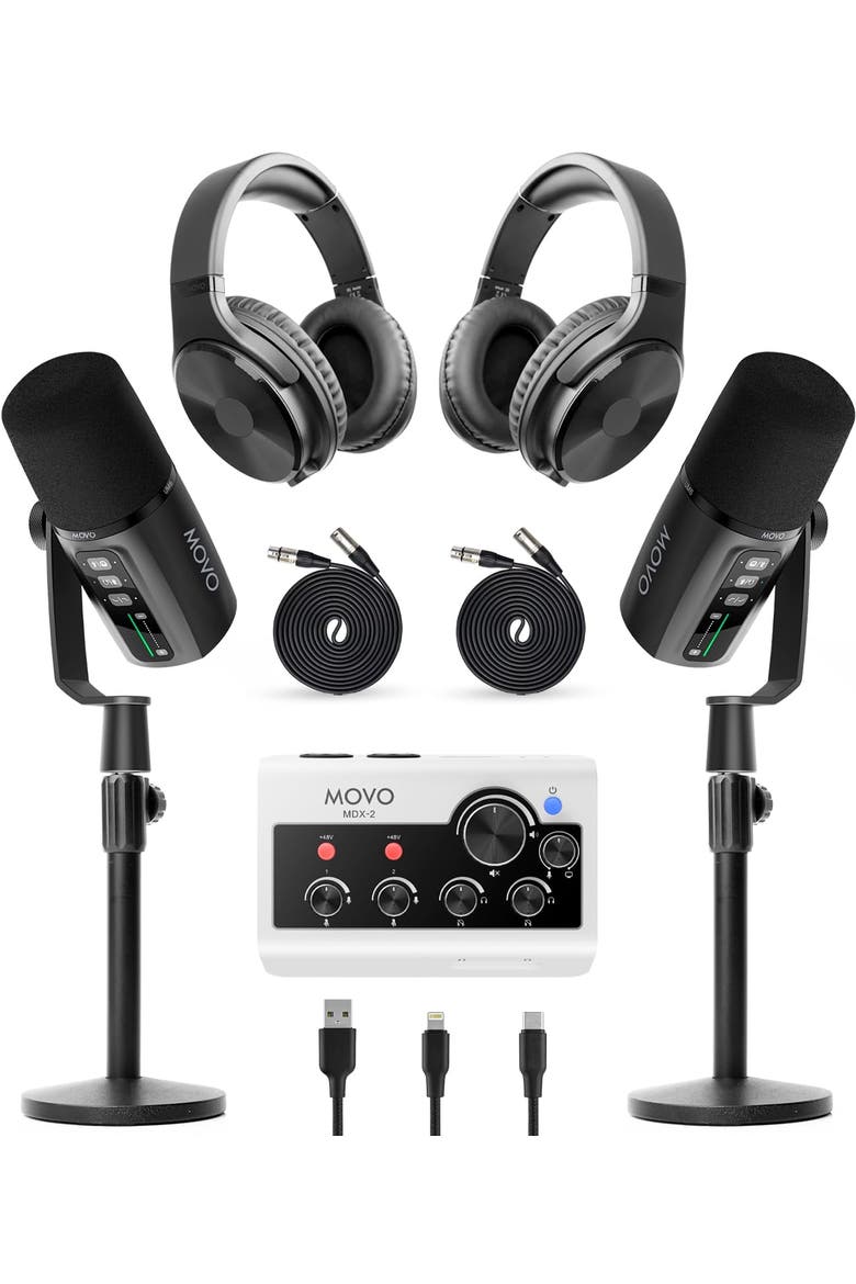 Podcast Equipment Bundle for iPhone & Android with Audio Interface, 2 Dynamic Mics, 2 Headphones, and Table Stands, Main, color, Black