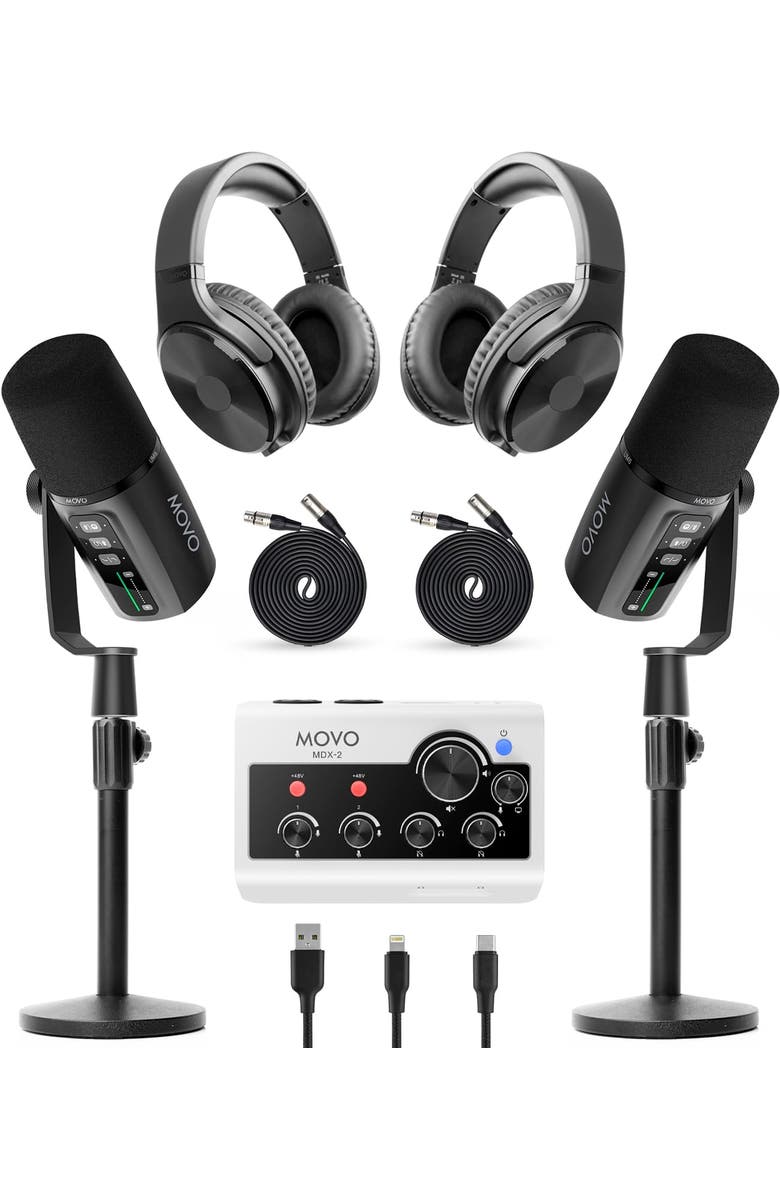 MOVO Podcast Equipment Bundle for iPhone & Android with Audio Interface, 2 Dynamic Mics, 2 Headphones, and Table Stands, Main, color, Black