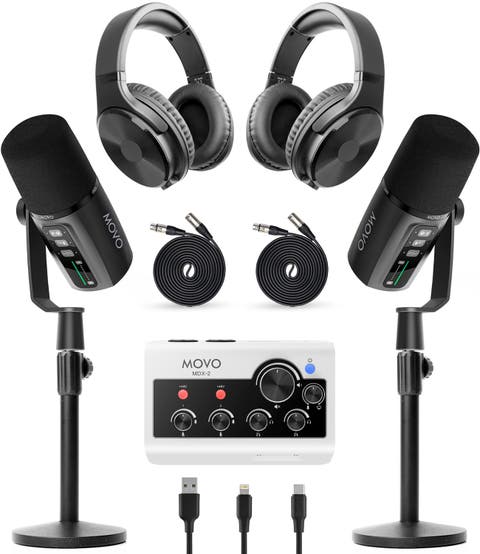 Podcast Equipment Bundle for iPhone & Android with Audio Interface, 2 Dynamic Mics, 2 Headphones, and Table Stands