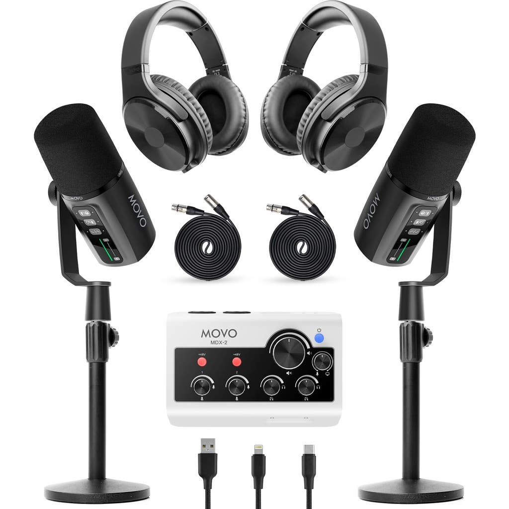 MOVO PodPro+ Podcast Equipment Bundle for iPhone and Android - Professional Podcast Kit with Audio Interface, 2 Dynamic Mics, 2 Headphones, and Table