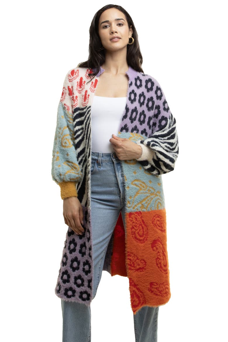 Multi Print Longline Cardigan, Alternate, color, PURPLE MULTI