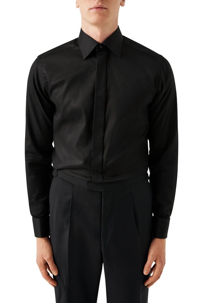 Contemporary Fit Twill Fly Front Dress Shirt, Main, color, BLACK