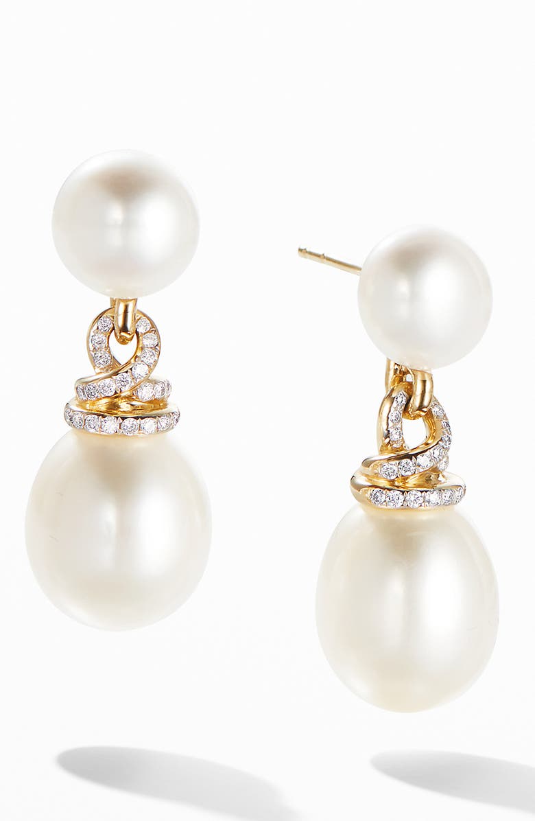 David Yurman Helena Pearl 18K Yellow Gold Drop Earrings with Diamonds, Main, color, 
