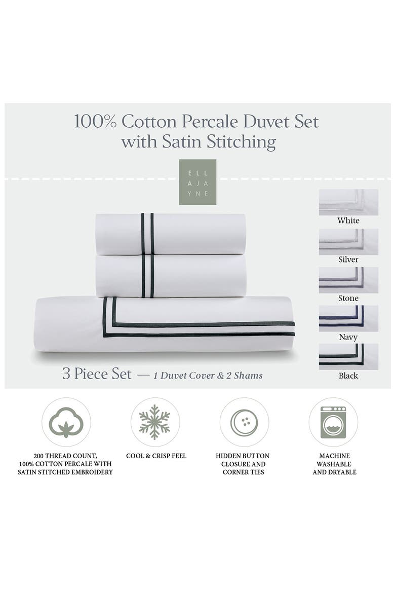 Cotton Percale 3-Piece Duvet Set with Satin Stitching, Alternate, color, BLACK