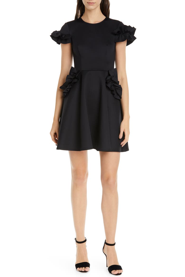 Luuciee Ruffle Skater Dress, Main, color, BLACK