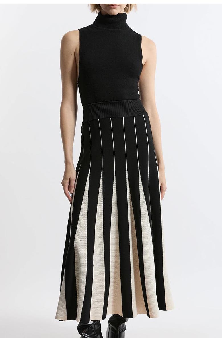 Karen Millen Pointelle Colour Block Pleated Skirt, Alternate, color, Mono