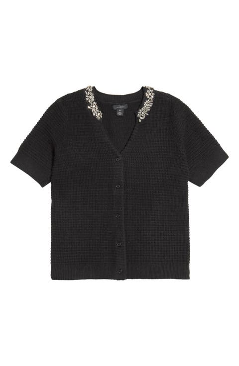 Embellished Short Sleeve Cotton Blend Cardigan