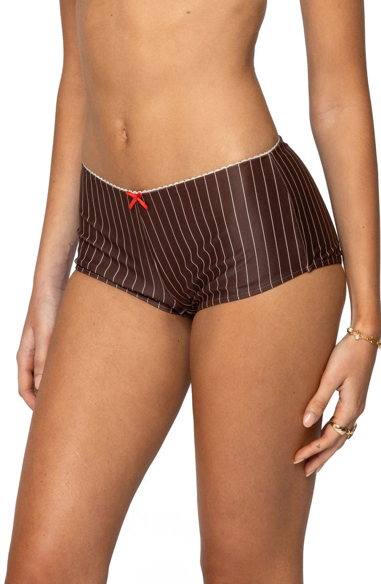 EDIKTED Pinstripe Boyshorts Bikini Bottoms, Alternate, color, Brown