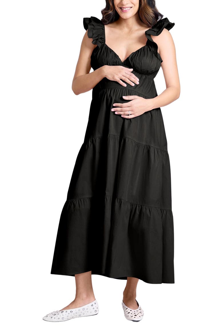 Ruffle Sleeve Tie-Back Maternity Maxi Dress, Main, color, Black
