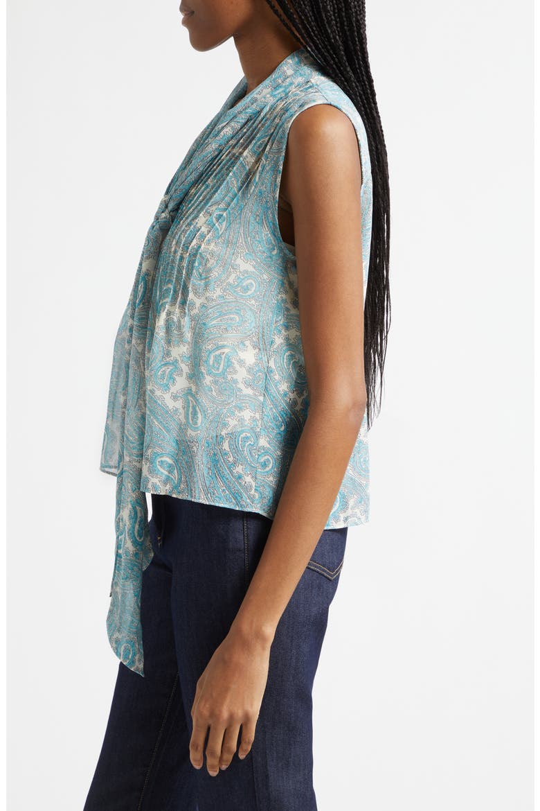 Hendrix Lois Paisley Pleated Tie Neck Top, Alternate, color, GARDENIA/ BLUE GRAPHITE