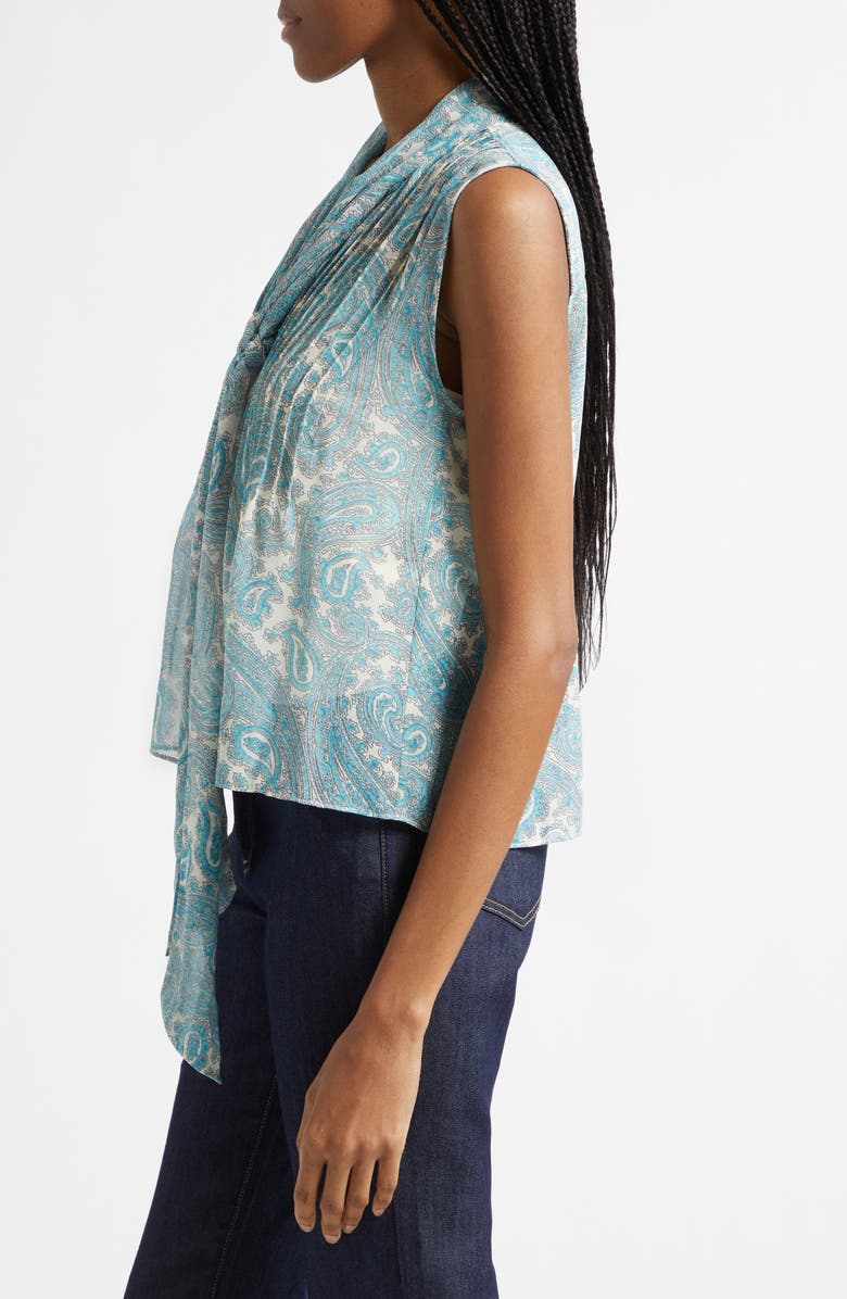 Cinq à Sept Hendrix Lois Paisley Pleated Tie Neck Top, Alternate, color, Gardenia/ Blue Graphite