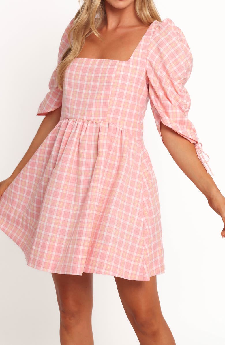 Petal & Pup Siena Check Puff Sleeve Minidress, Alternate, color, Pink Check
