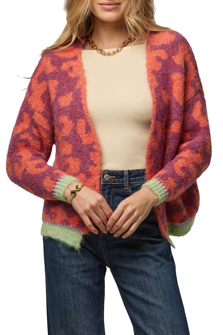 Fuzzy Knit Leopard Print Cardigan, Alternate, color, ORANGE