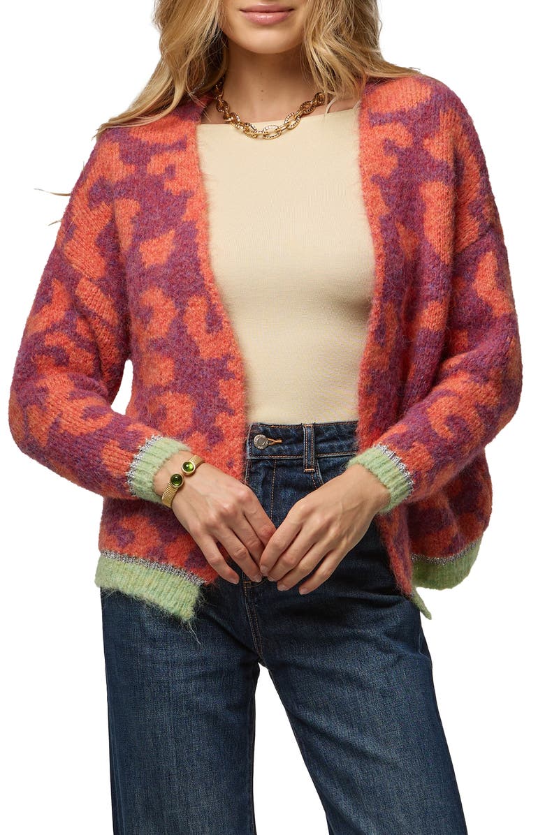 SAACHI Fuzzy Knit Leopard Print Cardigan, Alternate, color, Orange