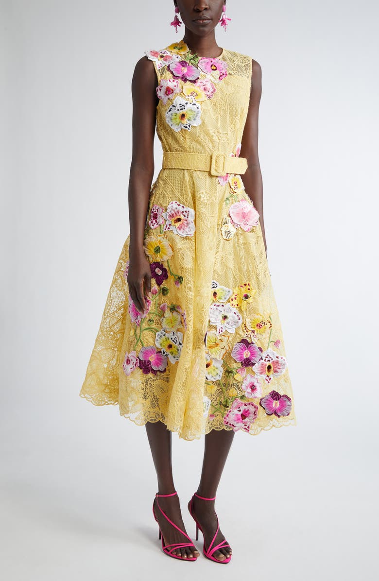 Oscar de la Renta Orchid Threadwork Floral Lace Fit 
Flare Dress, Main, color, 