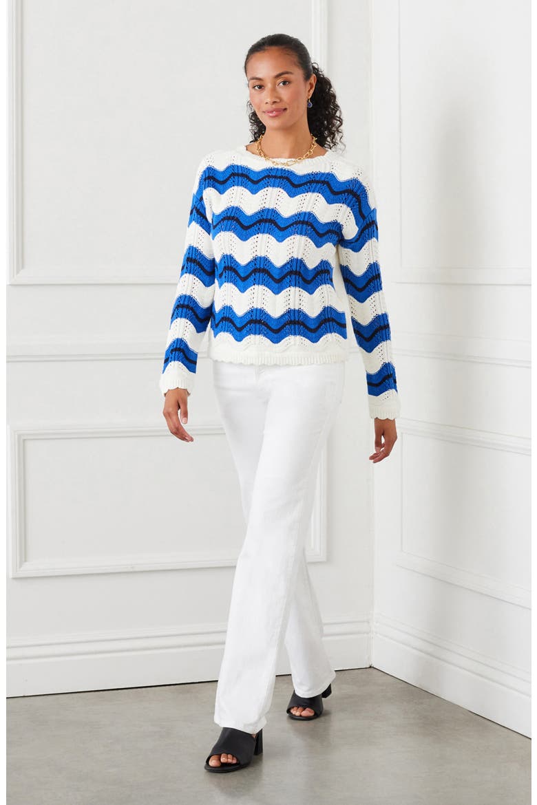 Zigzag Pointelle Stitch Cotton Blend Sweater, Alternate, color, WHITE/ BLUE