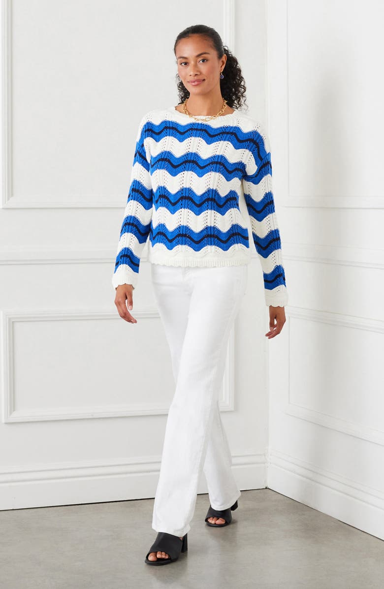 Karen Kane Zigzag Pointelle Stitch Cotton Blend Sweater, Alternate, color, White/ Blue