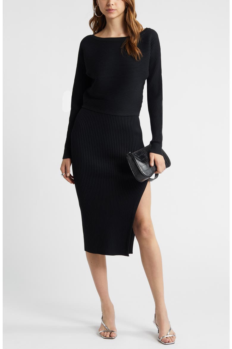 Luxe Sculpt Rib Midi Skirt, Alternate, color, BLACK