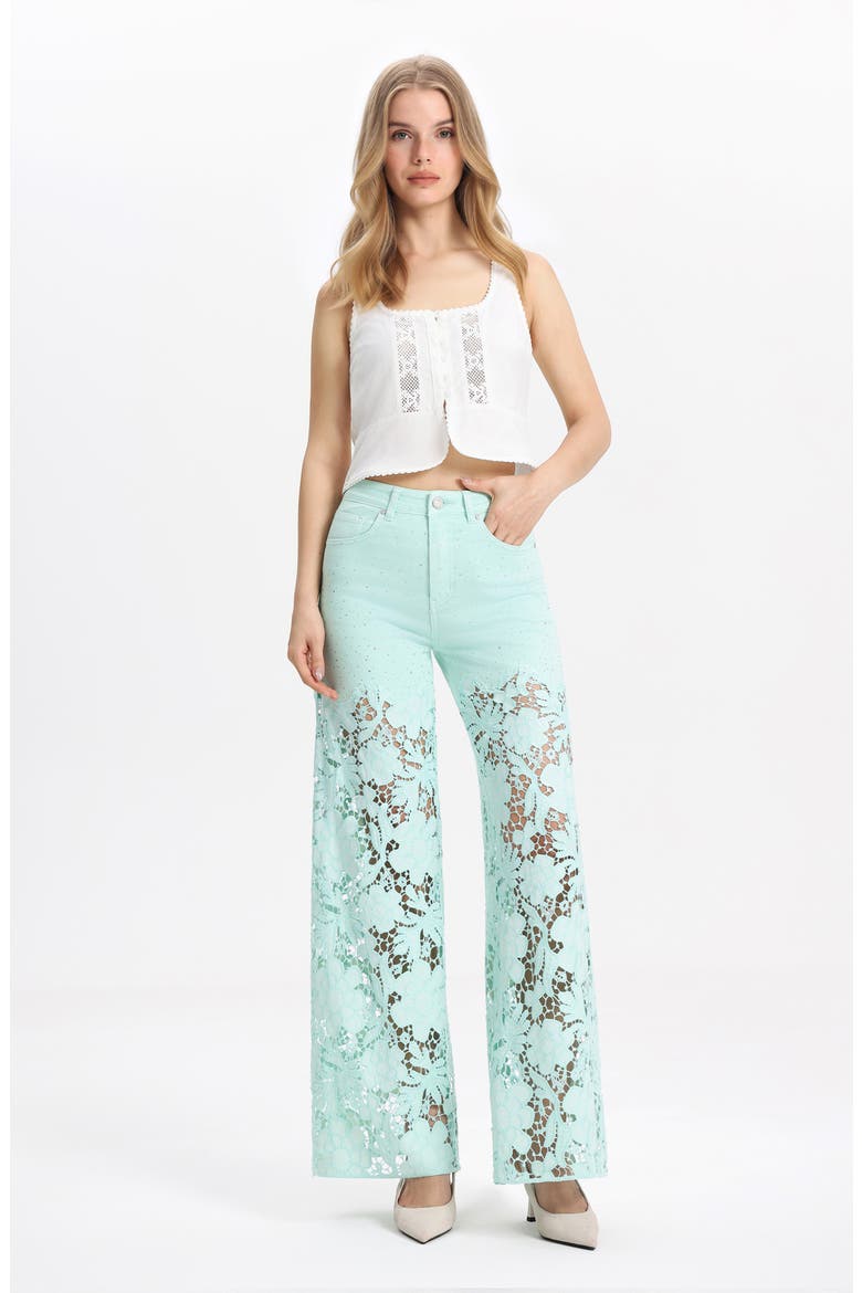 Crystal Embellished Lace Wide Leg Jeans, Alternate, color, MINT GREEN