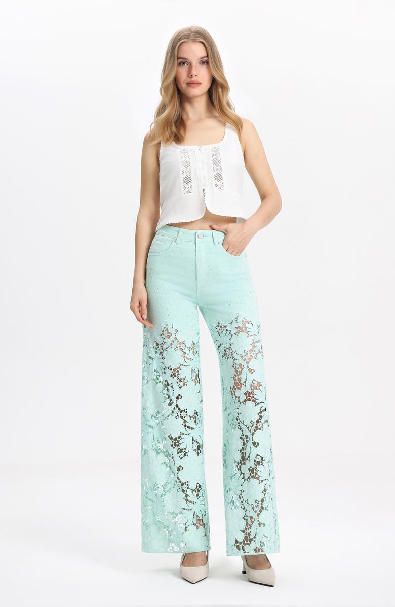 Bayeas Crystal Embellished Lace Wide Leg Jeans, Alternate, color, Mint Green