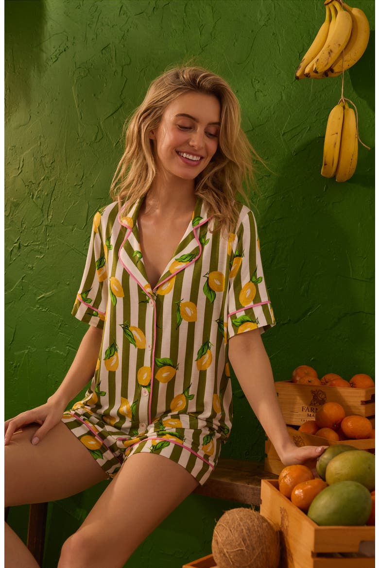Print Short Pajamas, Alternate, color, GREEN STRIPE