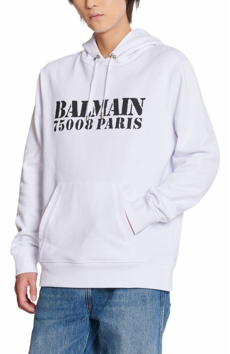 Balmain Stamp Printed Hoodie, Alternate, color, White