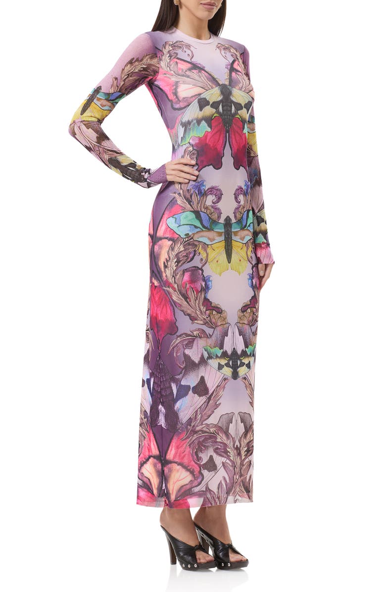 AFRM Didi Long Sleeve Mesh Maxi Dress, Alternate, color, Ornate Butterfly