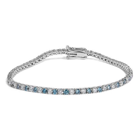 14K White Gold 4.0 Cttw White and Blue Lab Grown Diamond Tennis Bracelet