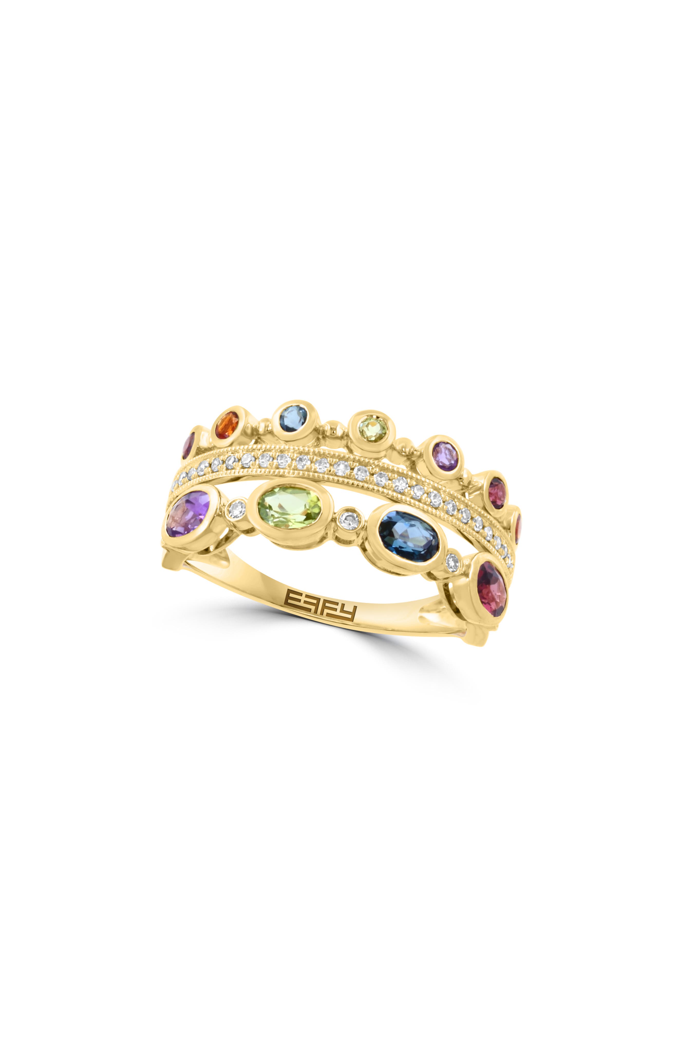 Gold Plated Silver Multi Gemstone and Diamond Ring