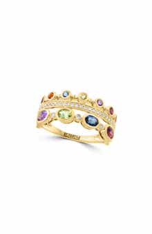 Gold Plated Silver Multi Gemstone and Diamond Ring