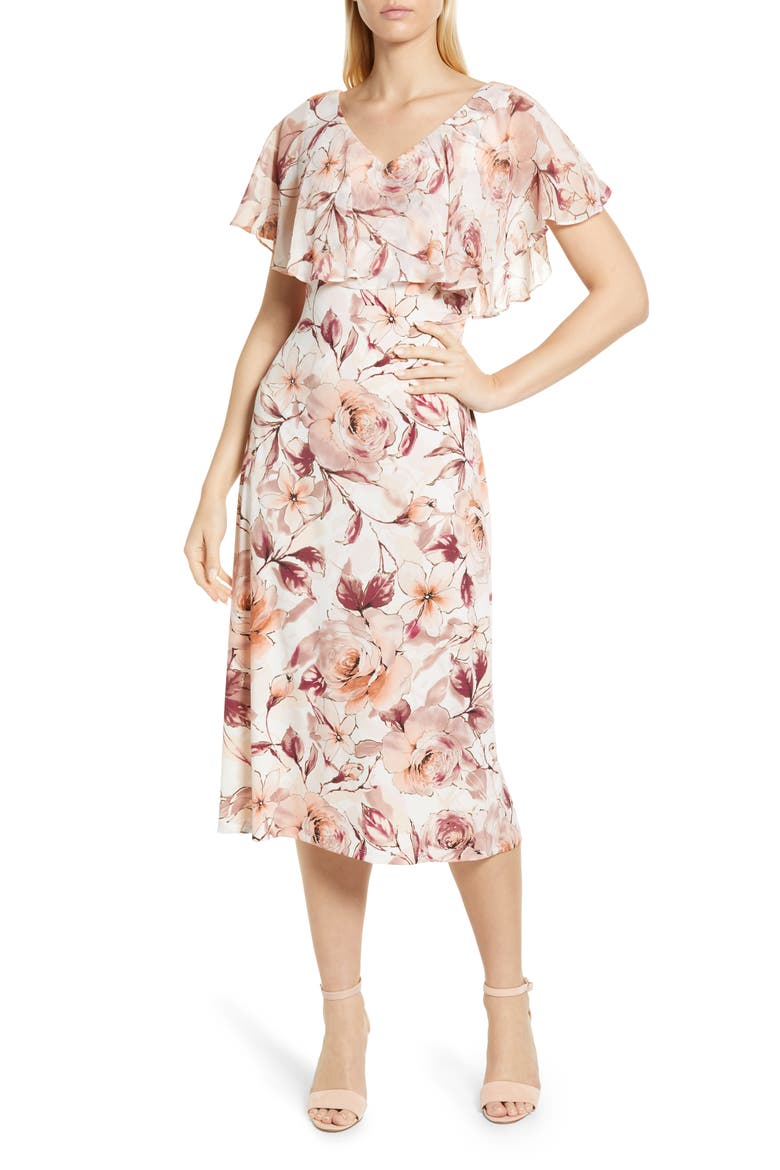 Floral Print Ruffle Neck Midi Dress, Main, color, CAMEO