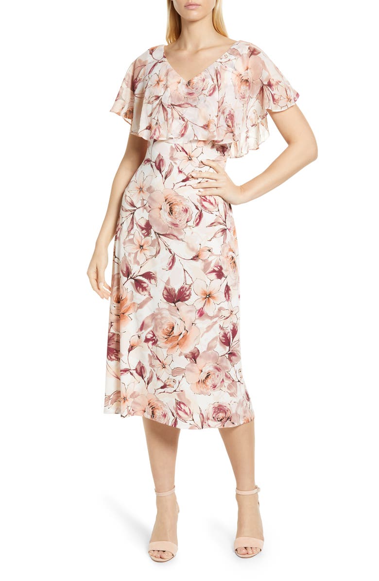 Connected Apparel Floral Print Ruffle Neck Midi Dress, Main, color, 