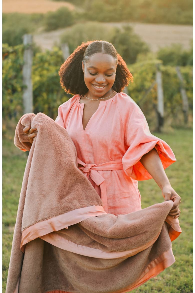 Luxe Satin Trim Faux Fur Throw Blanket, Alternate, color, BORDEAUX BLUSH