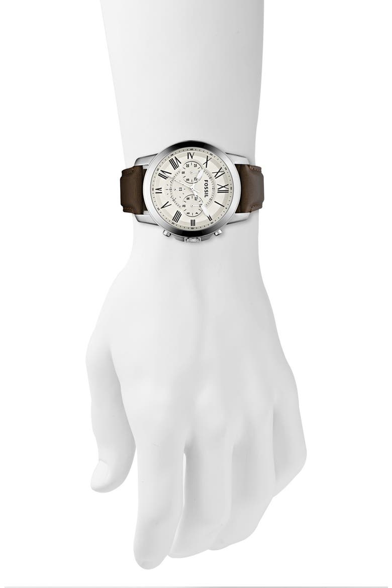 'Grant' Round Chronograph Leather Strap Watch, 44mm, Alternate, color, BROWN
