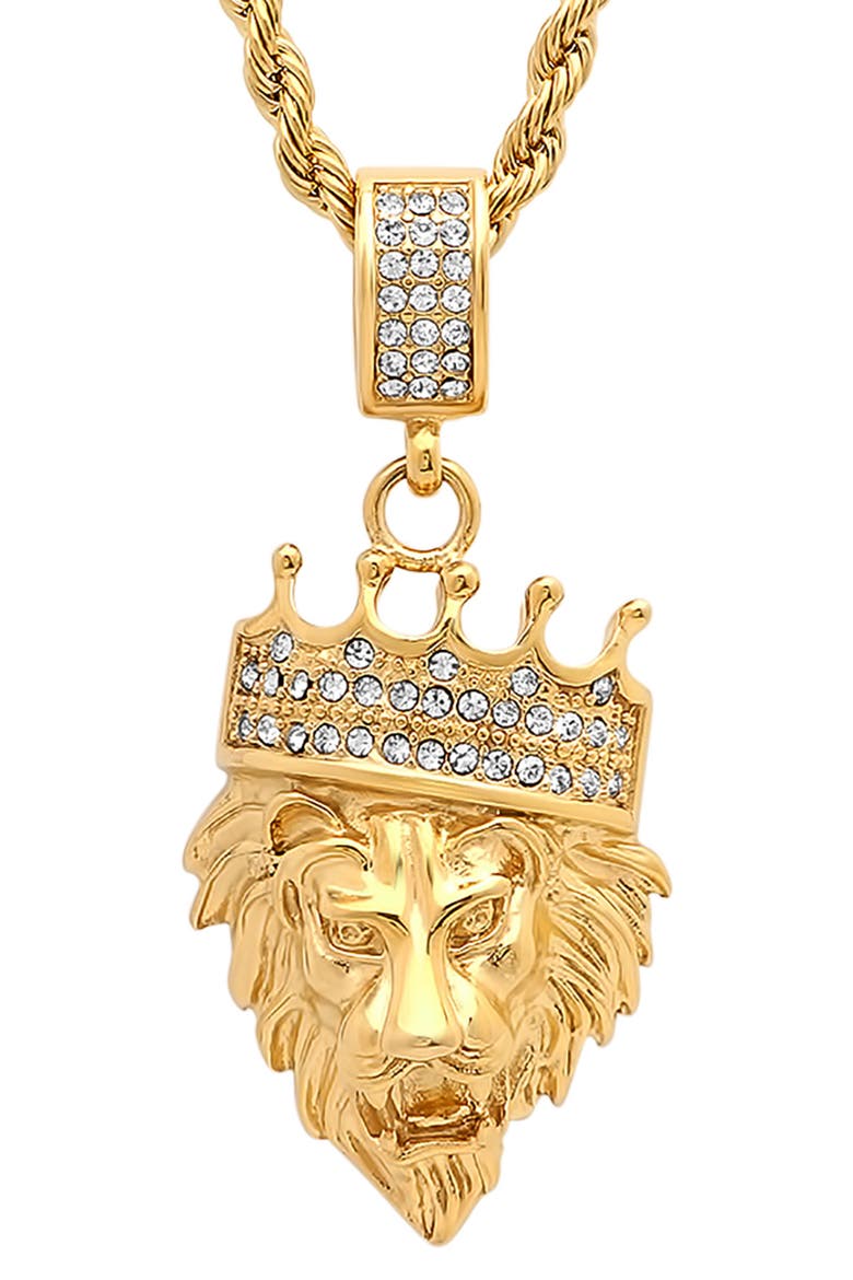 Men's 18K Gold Plated Stainless Steel Pave King Lion Pendant Necklace, Alternate, color, YELLOW