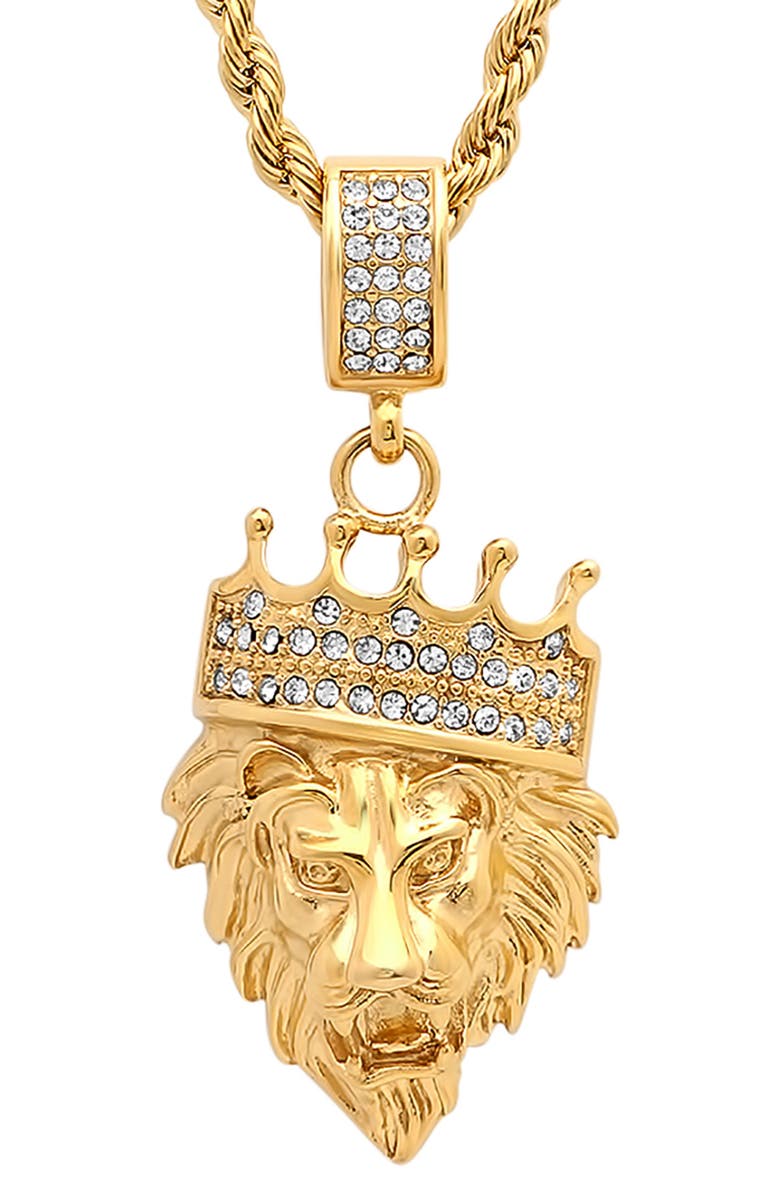 HMY JEWELRY Men's 18K Gold Plated Stainless Steel Pave King Lion Pendant Necklace, Alternate, color, Yellow